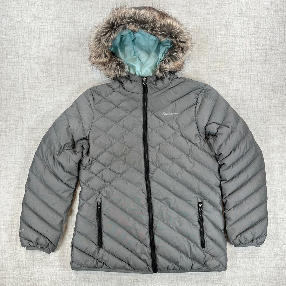 Eddie Bauer EB650 Down Puffer Jacket Faux Fur Hood Womens L Gray Packable‎ Parka